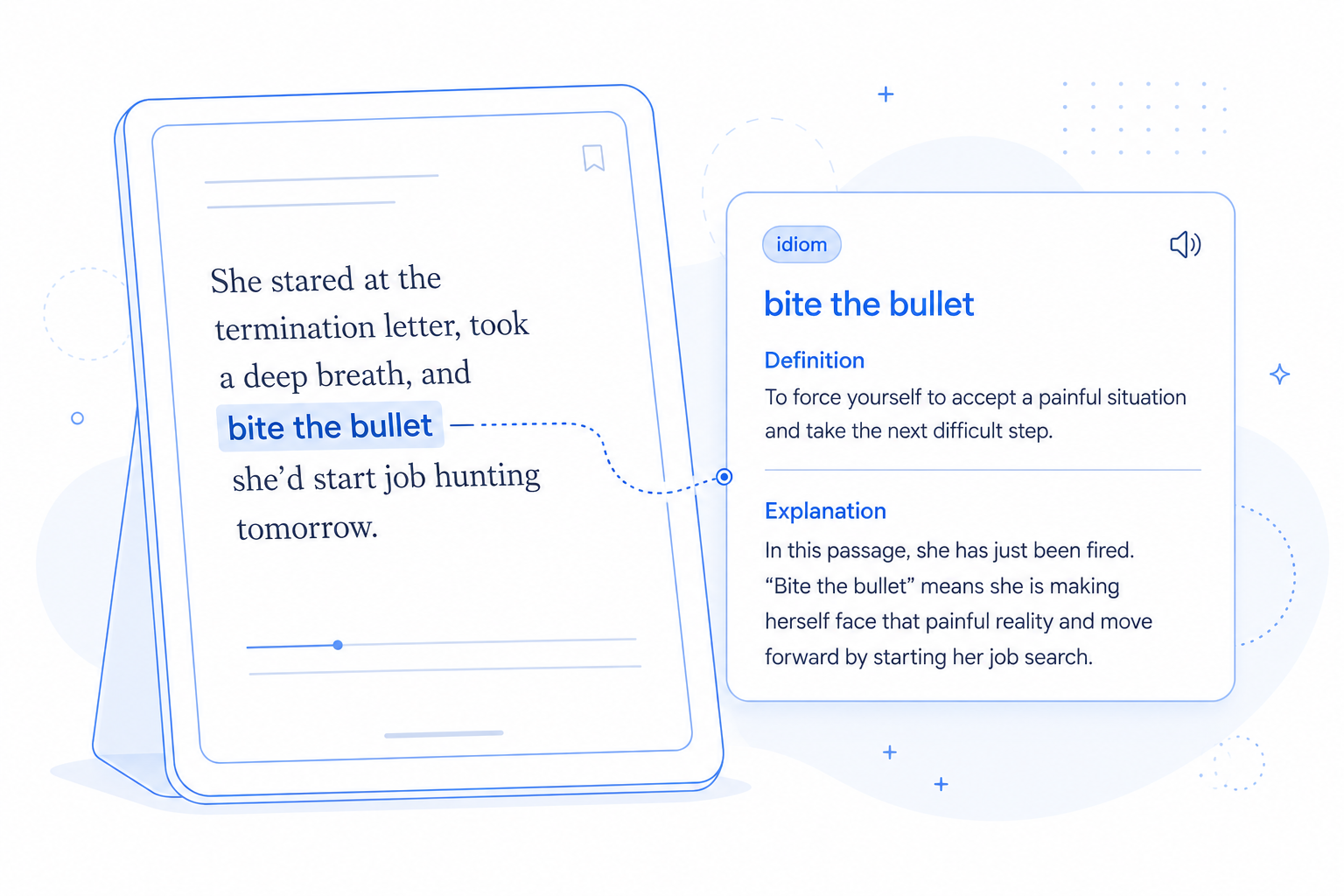 Pickvocab ebook reader interface with integrated AI dictionary for instant word lookup in books