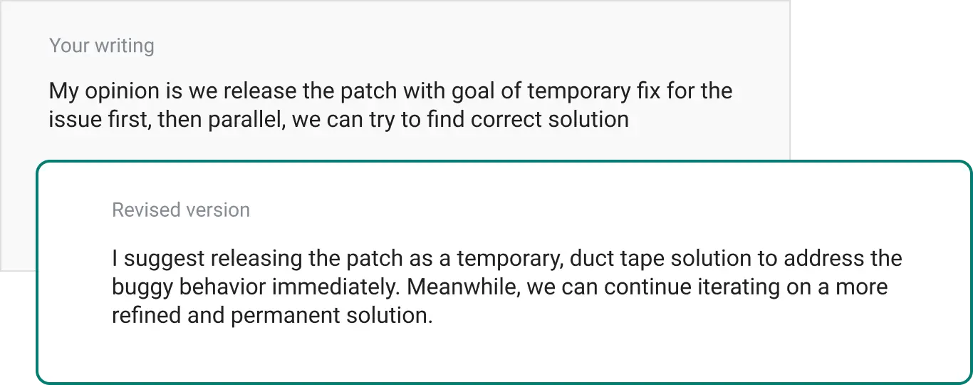Pickvocab AI writing assistant interface showing grammar corrections and style improvements