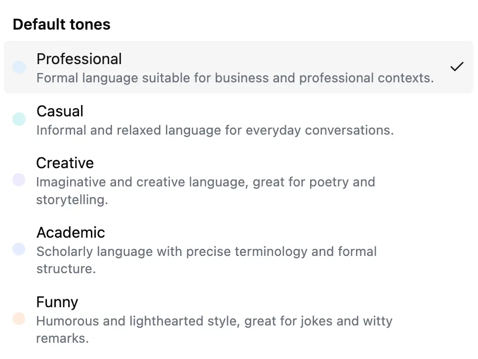 Pickvocab writing assistant tone selector for switching between academic, professional, and casual styles