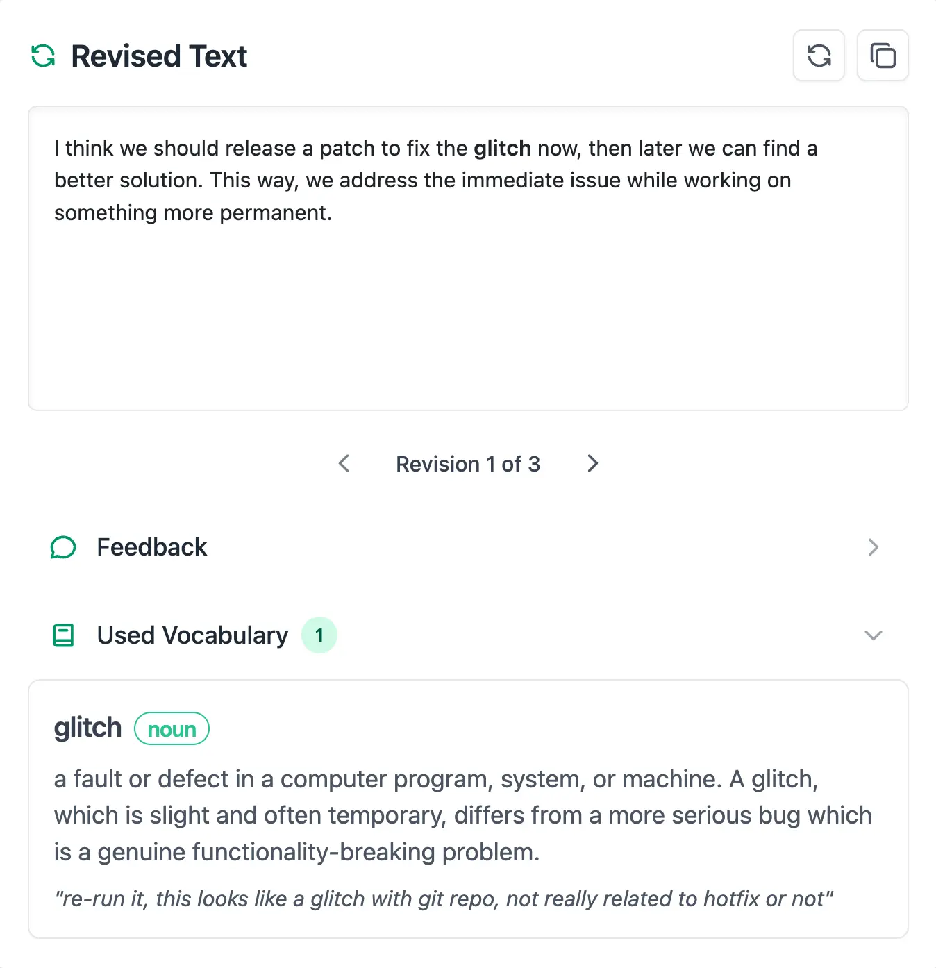 Pickvocab showing intelligent vocabulary suggestions based on user's saved words in the writing assistant